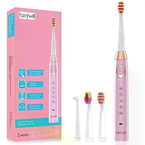 Fairywill Electric -D7  Toothbrush, 5 Optional Modes with 3 Brush Heads, PINK