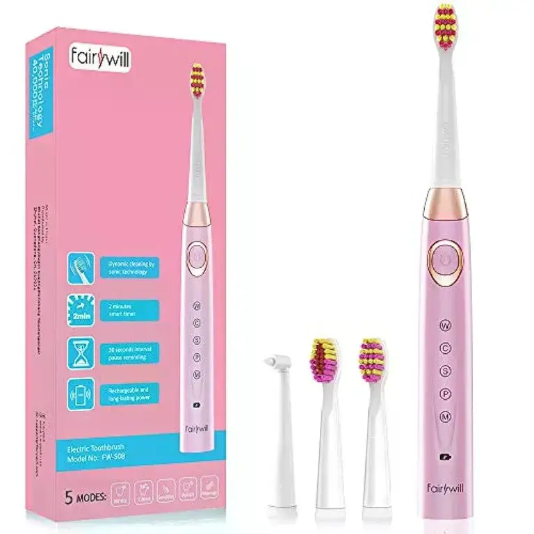 Fairywill Electric -D7  Toothbrush, 5 Optional Modes with 3 Brush Heads, PINK