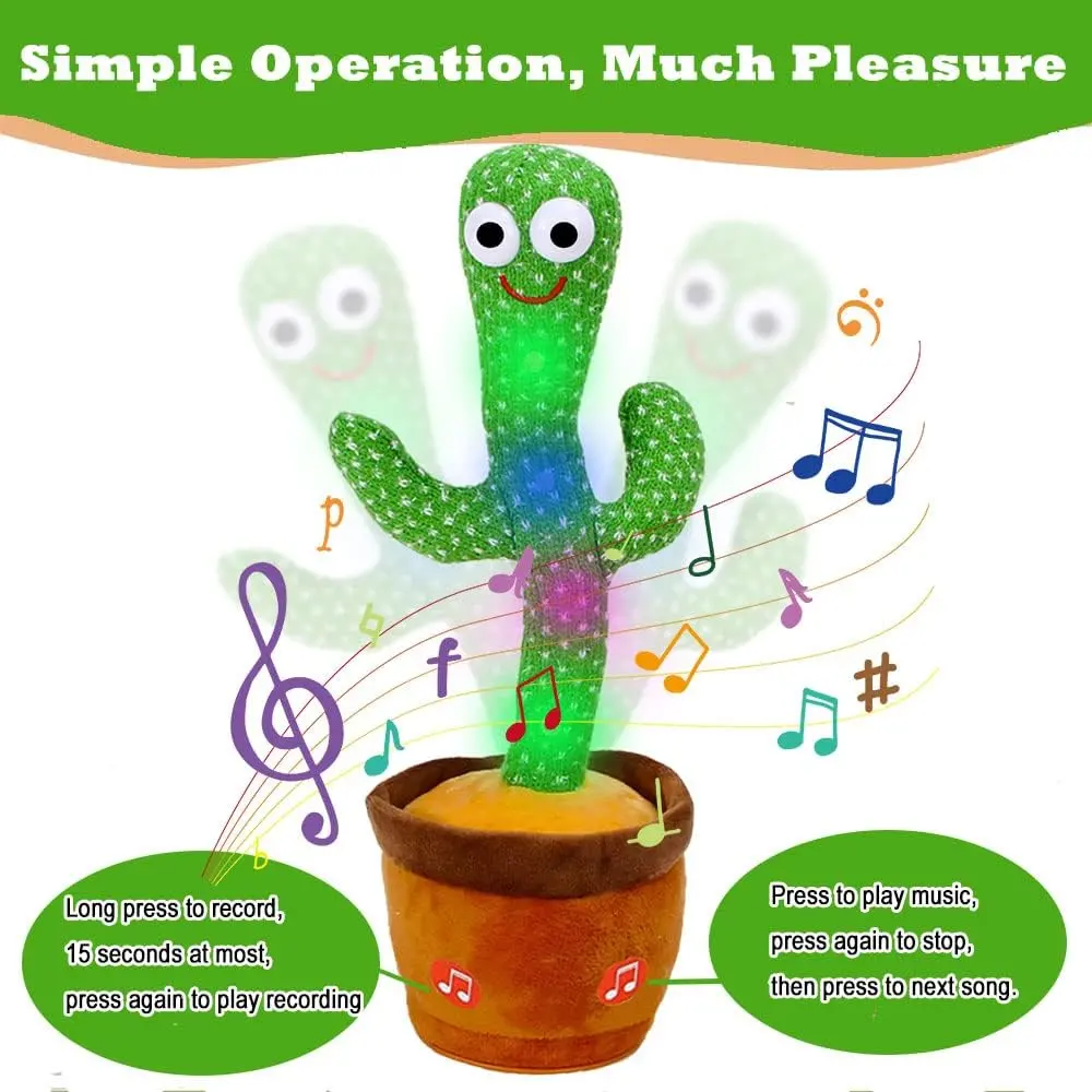 ANUOEXGO Dancing Cactus Toy Singing Cactus for Babies Plush Talking Toy Repeats What You Say Creative Kids Toy Electric Speaking Cactus Toys Singing 120 Songs Funny Cactus Toy for Boys Girls (3*AA)