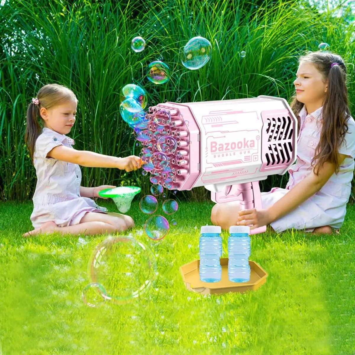 Bubble Machine Gun, Bubble Gun with Lights/Bubble Solution, 69 Holes Bubbles Machine for Adults Kids, for Kids Adults Summer Outdoor Birthday Wedding Party Activity((Pink)