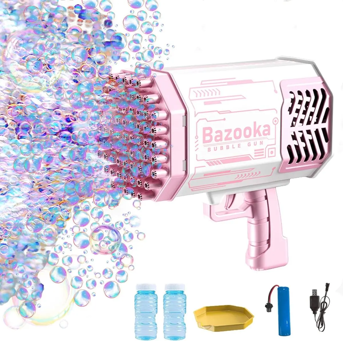 Bubble Machine Gun, Bubble Gun with Lights/Bubble Solution, 69 Holes Bubbles Machine for Adults Kids, for Kids Adults Summer Outdoor Birthday Wedding Party Activity((Pink)