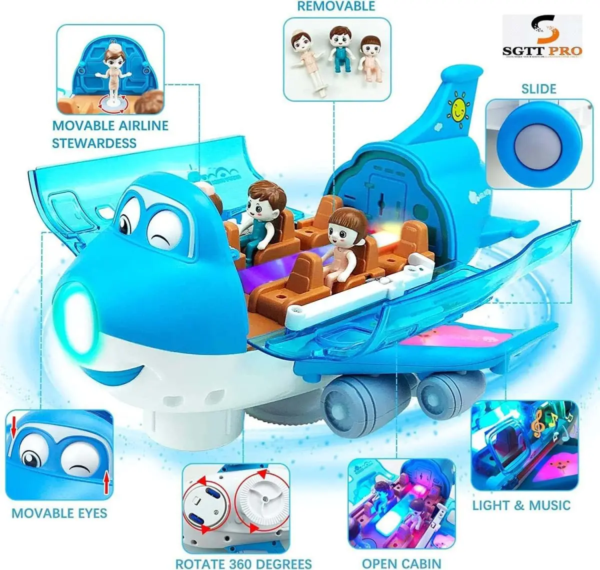 SGTT Toys for Toddlers, Electric Toy Airliner Plane Rotating Airplane Vehicles with Light and Music Airline Toy Vehicle Gift for Kids Boys Girls 3 4 5 6 Year Old and Up, Blue