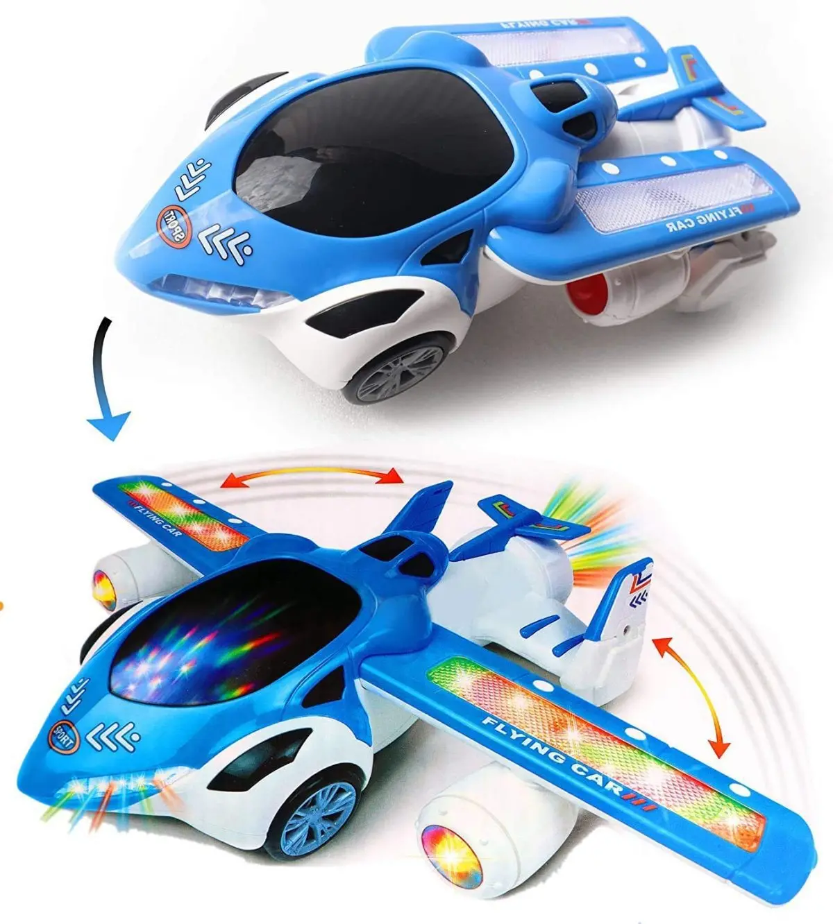 Trade Globe Flying Toy Car with 360 Degree Rotation & Automatic Wing Opening, Music and Lights, Bump and Go Action, Battery Operated Toy for Kids Boys & Girls