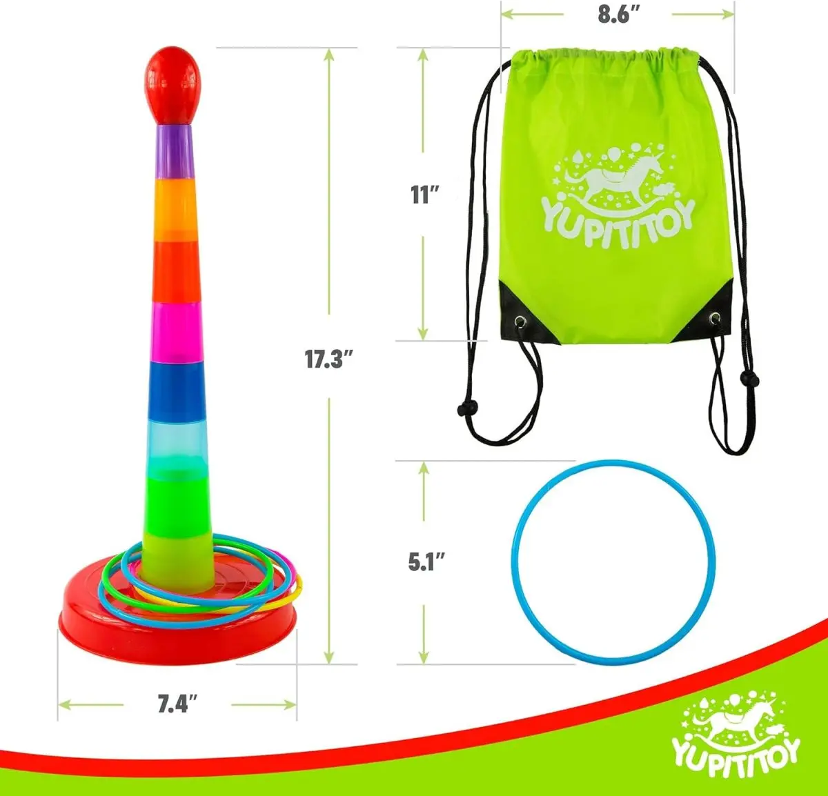 YUPITITOY Cone Ring Toss Game for Kids with 8 Throwing Rings and Travel Bag, Colorful Tossing and Active Play Set, Quick Setup for Indoor and Outdoor Use, Heavy-Duty Plastic