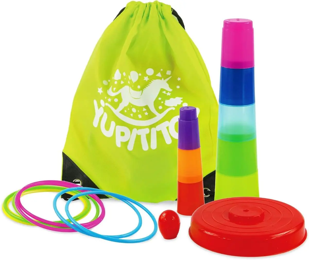 YUPITITOY Cone Ring Toss Game for Kids with 8 Throwing Rings and Travel Bag, Colorful Tossing and Active Play Set, Quick Setup for Indoor and Outdoor Use, Heavy-Duty Plastic