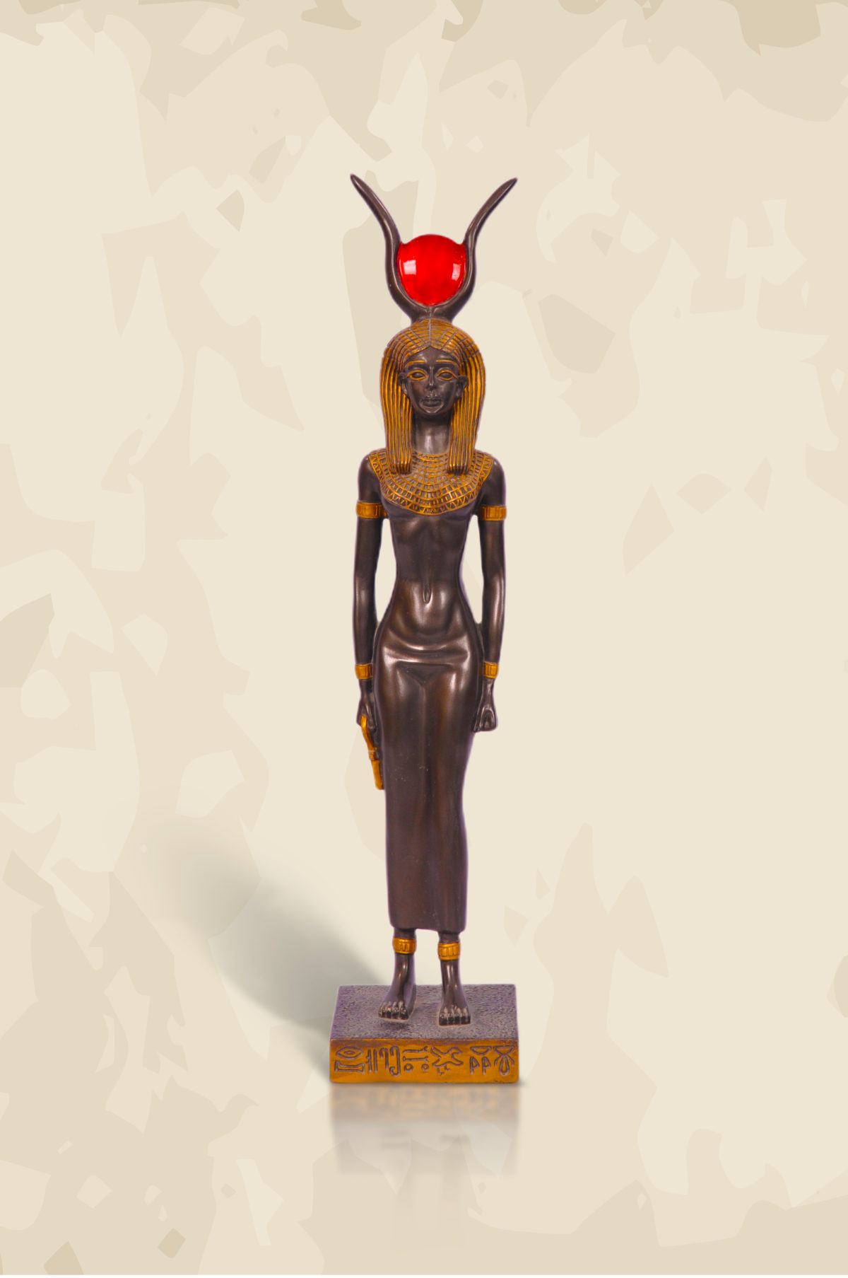 Black and golden statue of ancient egyptian queen Isis godess of magic and wisdom