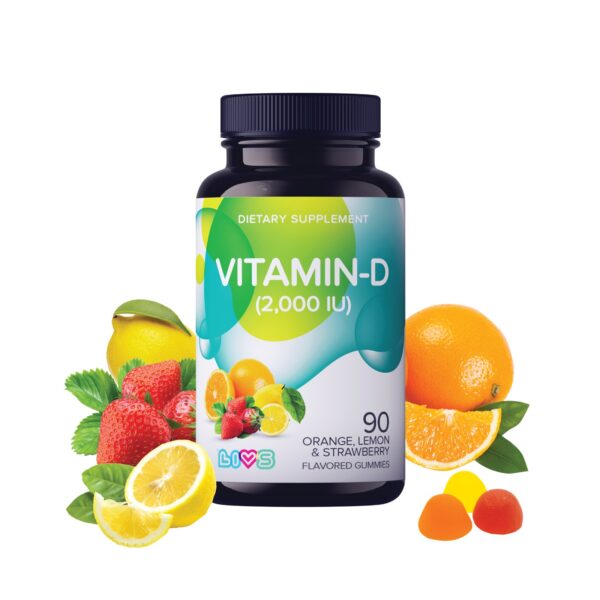 Livs Vitamin-D (2000IU) Orange,Lemon&Straw Flavor 90 Gummies